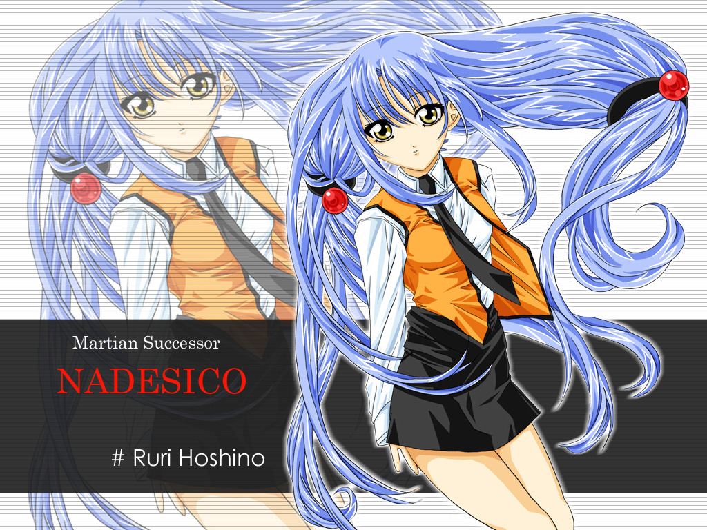 hoshino ruri, kidou senkan nadesico, hand on ass, light purple hair, 1girl, black necktie, black skirt, character name, covering ass, covering privates, cowboy shot, female focus, hair bobbles, hair ornament, long hair, long sleeves, looking at viewer, low-tied long hair, miniskirt, necktie, pencil skirt, shirt, skirt, solo, thighs, very long hair, vest, white shirt, yellow eyes, zoom layer