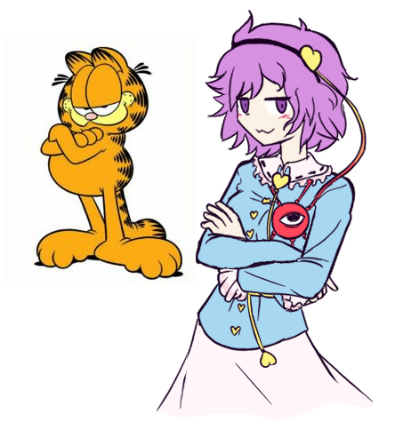 garfield (character), komeiji satori, garfield, touhou, hashtag-only commentary, lowres, 1boy, 1girl, :3, black hairband, blue shirt, cat, crossed arms, duskworks ura, hairband, heart, long sleeves, purple eyes, shirt, simple background, skirt, third eye, white background