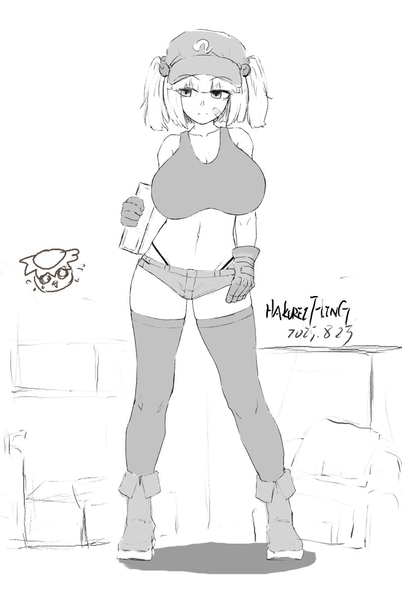 hakurei fling, kawashiro nitori, touhou, commentary, highres, symbol-only commentary, boots, breasts, cleavage, dated, flat cap, full body, gloves, greyscale, hair bobbles, hair ornament, hat, large breasts, looking to the side, monochrome, navel, short hair, short shorts, shorts, signature, standing, tank top, thighhighs, two side up