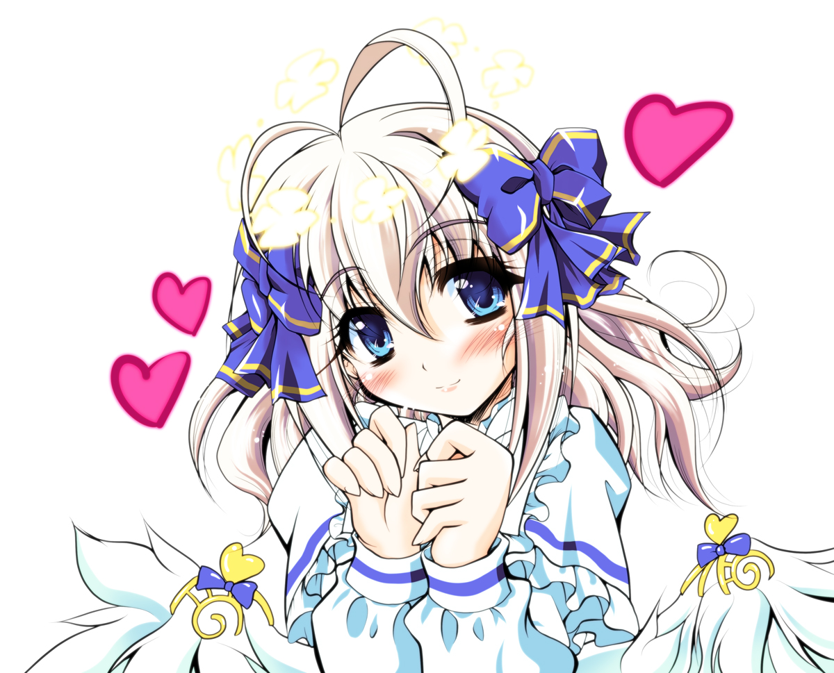 parf, angel feather alma, emil chronicle online, 1girl, antenna hair, blue eyes, blue ribbon, capelet, frilled capelet, frills, hair ribbon, heart, ribbon, shirt, smile, solo, spoken heart, upper body, white background, white capelet, white hair, white shirt, white wings, wing ornament, wings