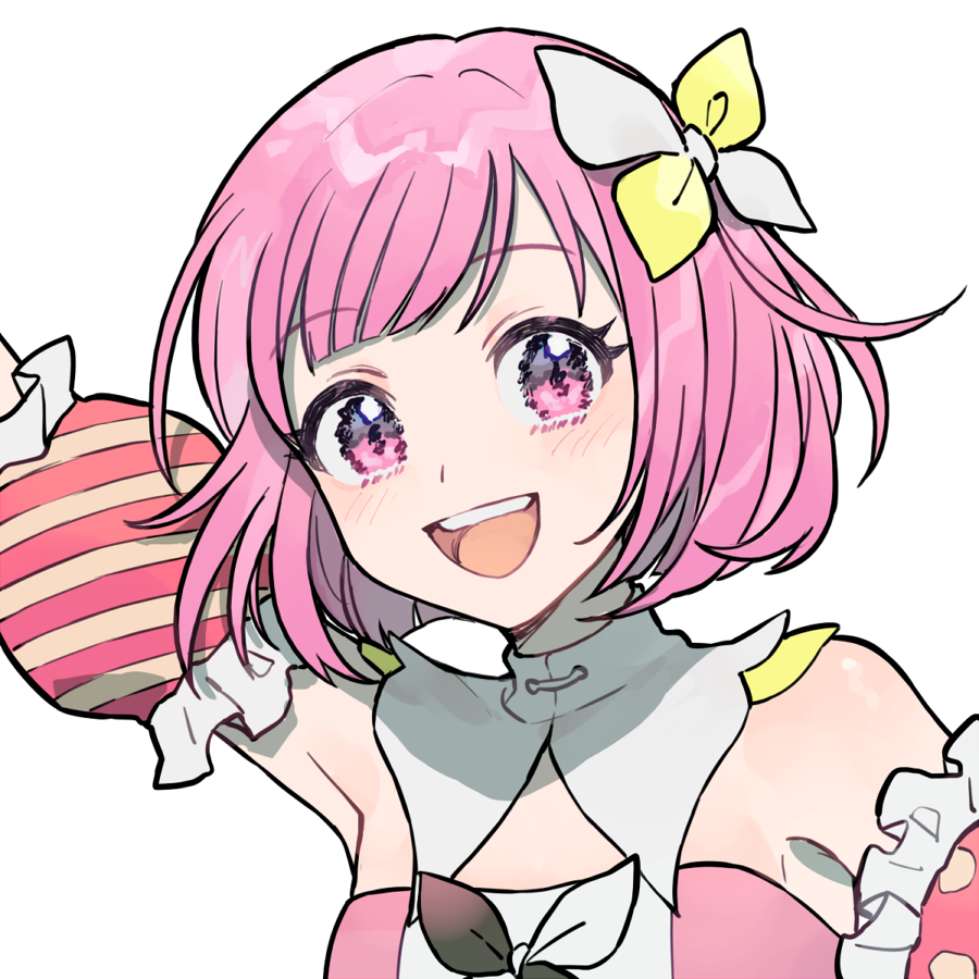 rata (m40929), character request, commentary request, copyright request, 1girl, :d, arm up, bare shoulders, blush, detached collar, eyelashes, frilled sleeves, frills, hair ribbon, open mouth, pink eyes, pink hair, portrait, ribbon, short hair, simple background, smile, solo, striped sleeves, teeth, upper teeth only, white background