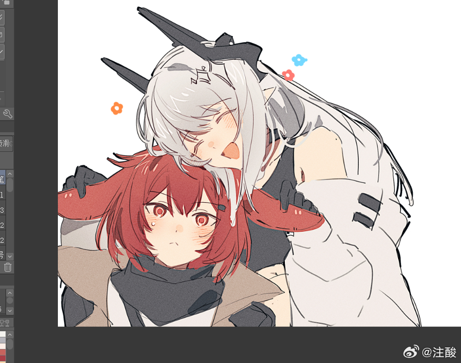 acidinjection, crownslayer (arknights), mudrock (arknights), mudrock (elite ii) (arknights), arknights, commentary request, unfinished, 2girls, :<, :d, ^ ^, animal ears, art program in frame, bare shoulders, black gloves, black horns, blush, closed eyes, closed mouth, flower symbol, gloves, grey hair, hands on another's ears, heads together, holding ears, horns, long hair, multiple girls, off shoulder, open mouth, red eyes, red hair, short hair, smile, sweatdrop, watermark, weibo watermark, yuri