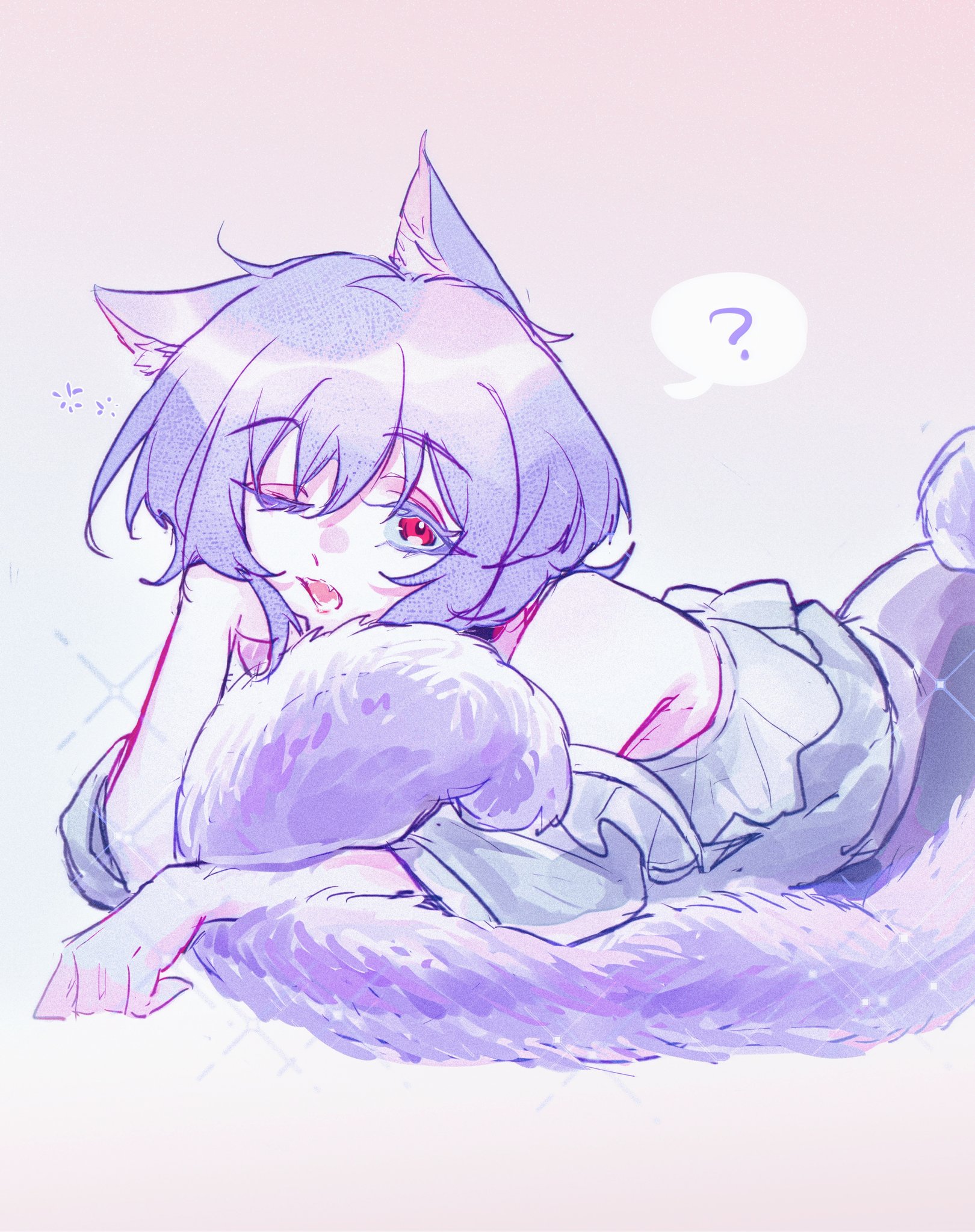 youren117, yuutenji nyamu, arknights, bang dream!, bang dream! it's mygo!!!!!, chinese commentary, commentary request, highres, 1girl, animal ears, cat ears, cat girl, cat tail, fang, grey shirt, open mouth, purple hair, red eyes, shirt, short hair, solo, tail, yuutenji nyamu (magician of passion)