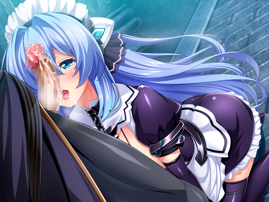 inoino, exs-tia, katsuragi marina, kouyoku senki exs-tia, game cg, large variant set, non-web source, official art, variant set, 1boy, 1girl, after fellatio, apron, blue eyes, blue hair, blush, boots, breasts, brick floor, censored, chain, collar, cum, cum in mouth, cum on body, dutch angle, elbow gloves, facial, fellatio, floating hair, frilled skirt, frills, gloves, hair between eyes, hair intakes, headgear, hetero, imminent fellatio, kneeling, long hair, maid, maid headdress, miniskirt, mosaic censoring, open mouth, oral, pants, penis, penis out, puffy short sleeves, puffy sleeves, purple skirt, shiny clothes, shiny legwear, short sleeves, skirt, solo focus, thigh boots, thighhighs, tongue, very long hair, waist apron, zettai ryouiki