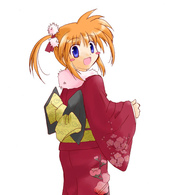 takamachi nanoha, lyrical nanoha, mahou shoujo lyrical nanoha, 00s, 1girl, :d, blue eyes, blush stickers, female focus, japanese clothes, kimono, long sleeves, looking at viewer, obi, open mouth, orange hair, pom pom (clothes), sash, simple background, smile, solo, twintails, white background, wide sleeves