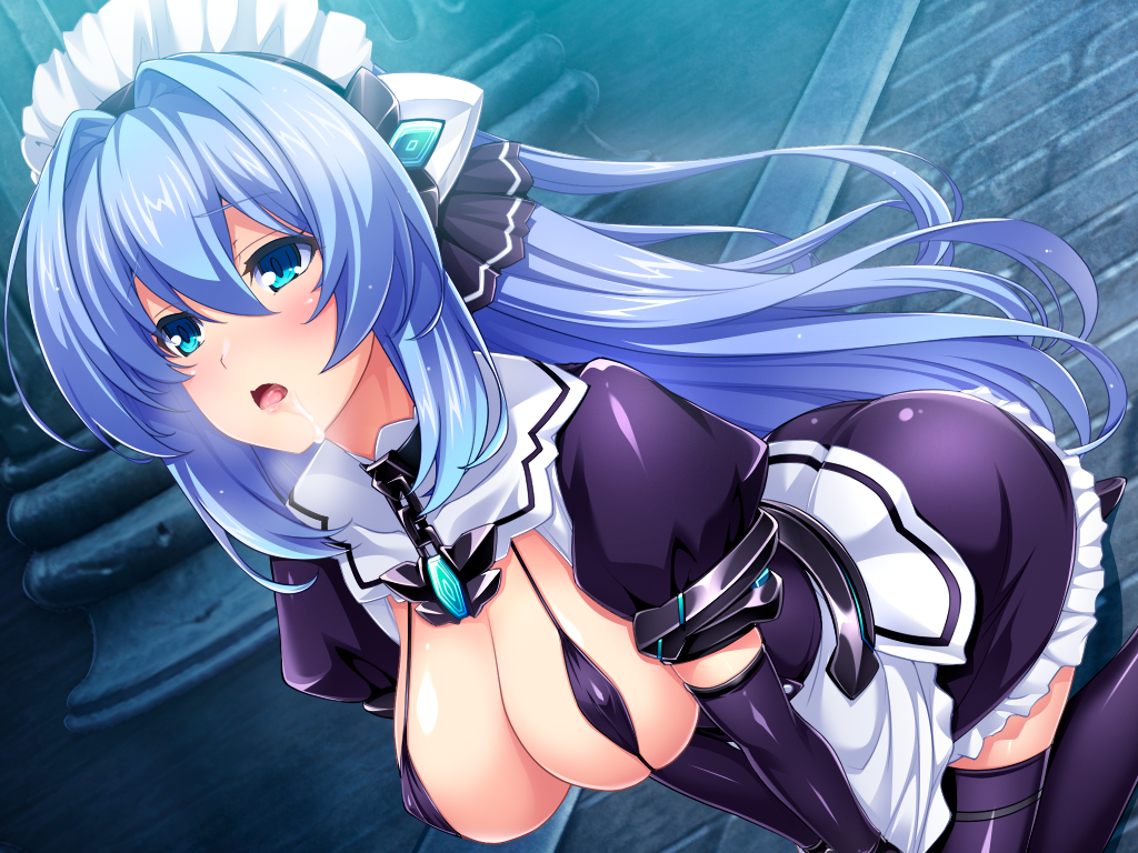inoino, exs-tia, katsuragi marina, kouyoku senki exs-tia, game cg, large variant set, non-web source, official art, variant set, 1girl, apron, bikini, bikini top only, black bikini, black thighhighs, blue eyes, blue hair, blush, boots, breasts, brick floor, chain, cleavage, collar, covered erect nipples, dress, drooling, dutch angle, elbow gloves, floating hair, frills, gloves, hair between eyes, hair intakes, headgear, indoors, kneeling, large breasts, long hair, maid, maid headdress, micro bikini, miniskirt, open mouth, puffy short sleeves, puffy sleeves, purple thighhighs, saliva, shiny clothes, shiny legwear, shiny skin, short sleeves, sitting, skirt, solo, strap gap, swimsuit, thigh boots, thighhighs, v arms, very long hair, waist apron, white apron, zettai ryouiki