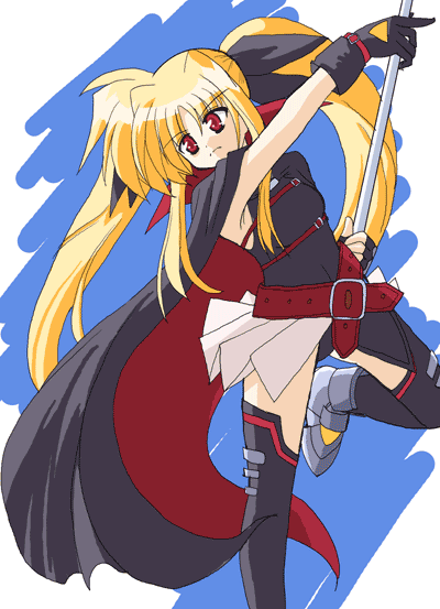 bardiche (nanoha), fate testarossa, lyrical nanoha, mahou shoujo lyrical nanoha, 00s, 1girl, blonde hair, female focus, solo, thighhighs, twintails