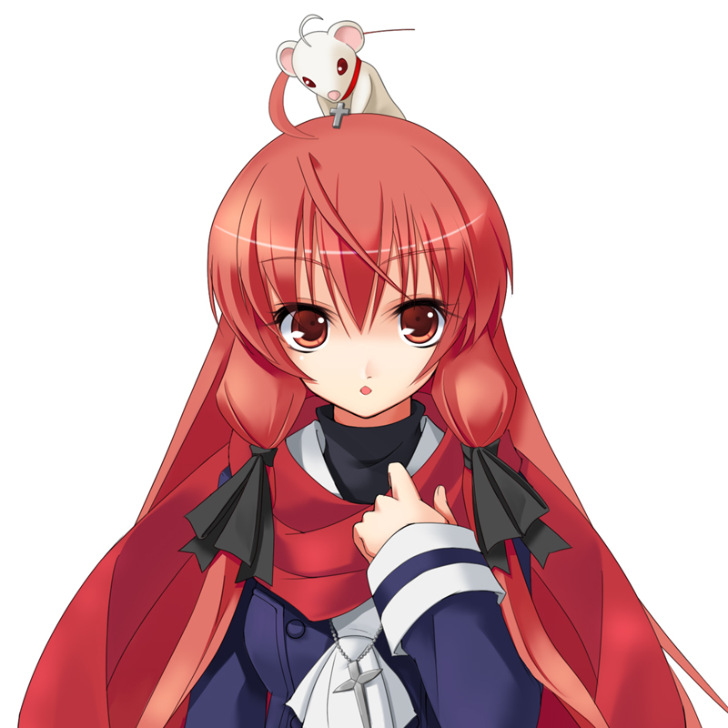 wapokichi, himuro akari, night wizard, 00s, 1girl, animal, animal on head, cross, female focus, ferret, latin cross, looking at viewer, on head, red eyes, red hair, red scarf, scarf, simple background, solo, upper body, white background