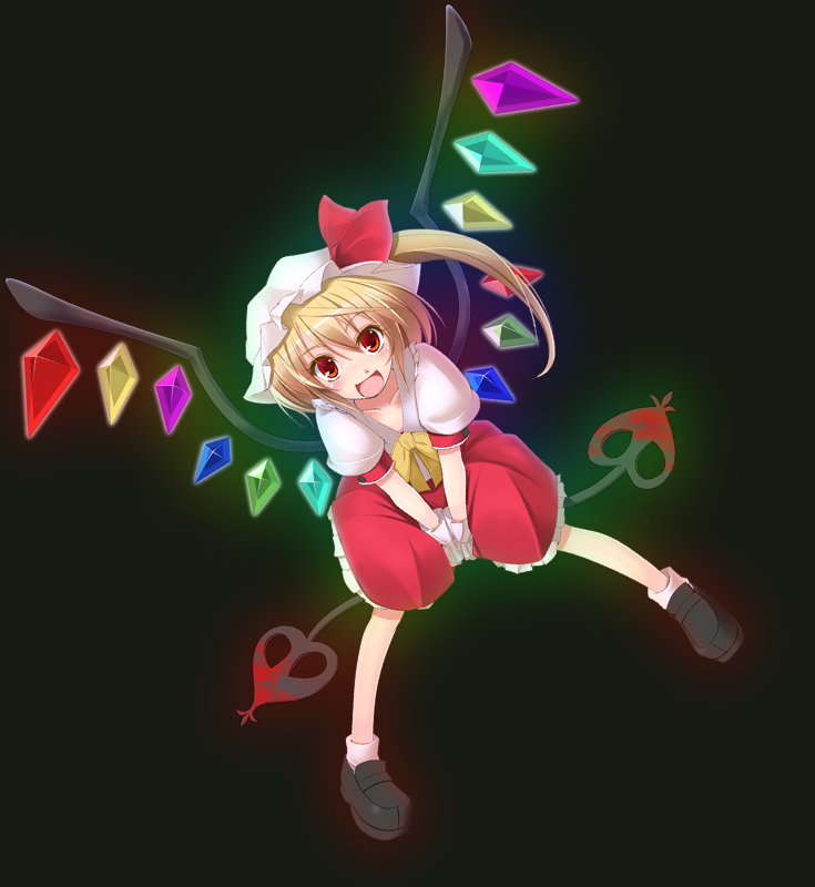 wapokichi, flandre scarlet, embodiment of scarlet devil, touhou, 1girl, :d, between legs, crystal, demon wings, dress, dutch angle, female focus, full body, gradient background, hand between legs, hat, holding, holding weapon, leaning forward, looking at viewer, mob cap, open mouth, own hands together, polearm, puffy short sleeves, puffy sleeves, red dress, short sleeves, smile, solo, spear, spread legs, weapon, wings