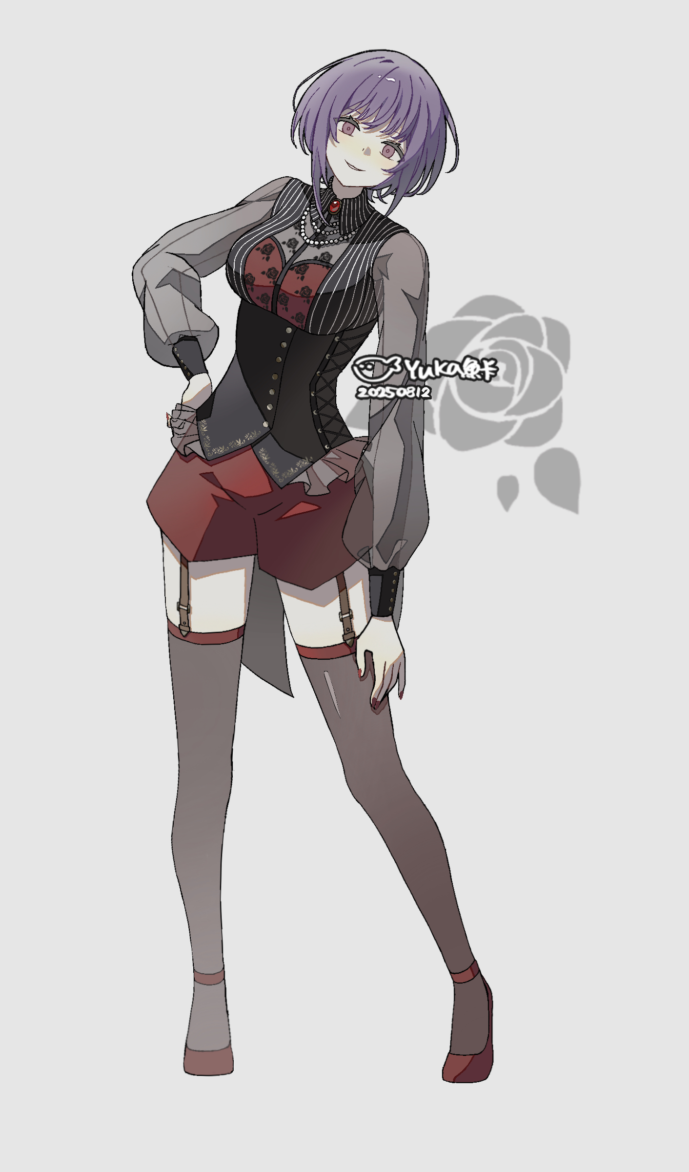 amoris (bang dream!), yuutenji nyamu, bang dream!, bang dream! it's mygo!!!!!, absurdres, chinese commentary, commentary request, highres, 1girl, bead necklace, beads, black thighhighs, breasts, collared shirt, flower, full body, grey background, hand on own hip, hand on own leg, jewelry, large breasts, long sleeves, looking at viewer, necklace, purple hair, red brooch, red shoes, red shorts, rose, see-through clothes, see-through sleeves, shirt, shoes, short hair, shorts, simple background, smile, solo, standing, thighhighs, yuka (chengyzy)