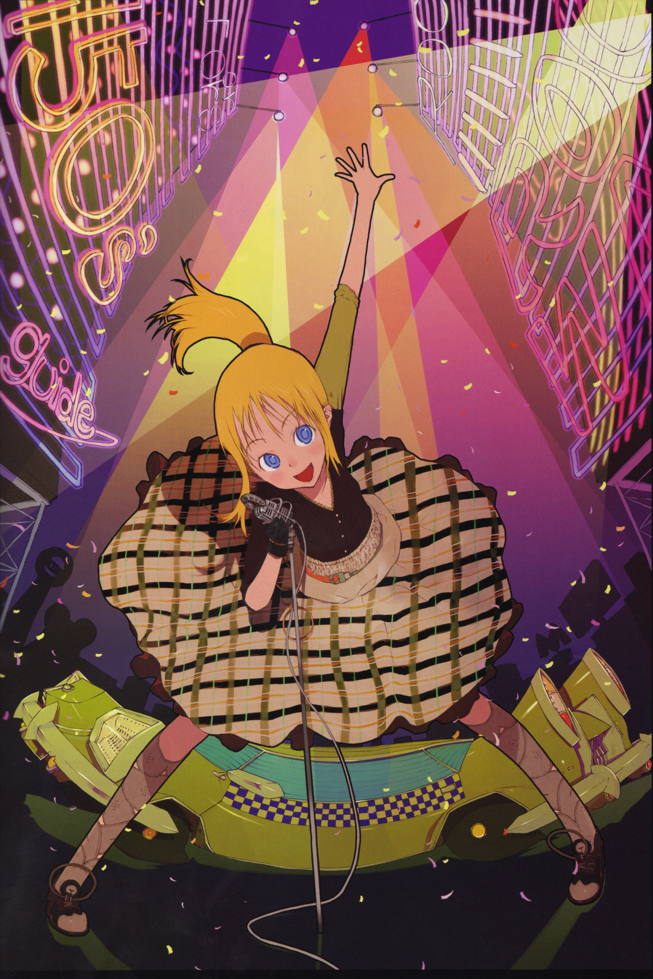 okama, absurdres, highres, blonde hair, blue eyes, car, microphone, microphone stand, motor vehicle, solo
