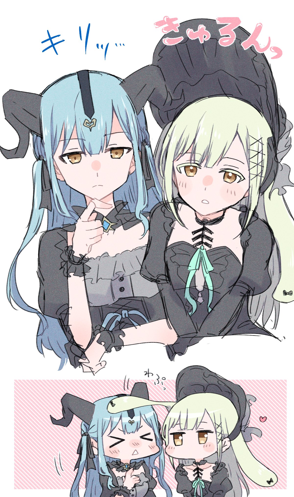 nago (hasakimati), togawa sakiko, wakaba mutsumi, arknights, bang dream!, bang dream! it's mygo!!!!!, commentary request, highres, > <, 2girls, animal ears, black bonnet, black dress, black ribbon, blue hair, blush, bonnet, dress, green hair, hair ribbon, horns, long hair, multiple girls, open mouth, rabbit ears, rabbit girl, ribbon, sidelocks, simple background, togawa sakiko (master of melodia), triangle mouth, wakaba mutsumi (marionette's id), white background