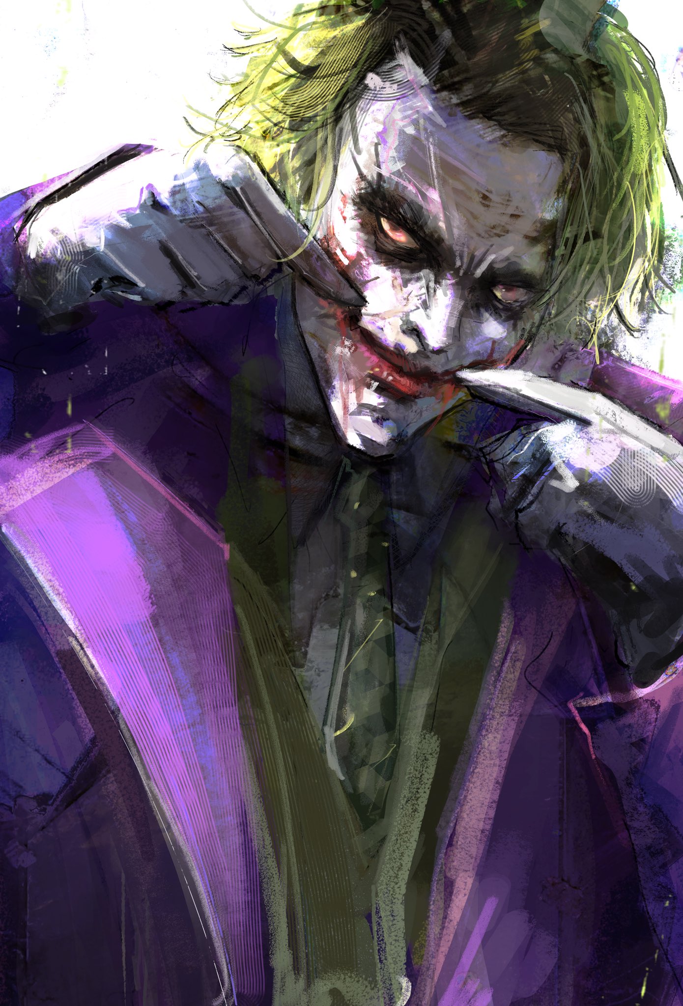kyezzzz, the joker, batman (series), dc comics, the dark knight, highres, 1boy, blood, blood from mouth, fingersmile, glasgow smile, gloves, green hair, green necktie, green vest, jacket, looking at viewer, male focus, necktie, purple jacket, scar, scar on face, solo, vest, white facepaint, white gloves