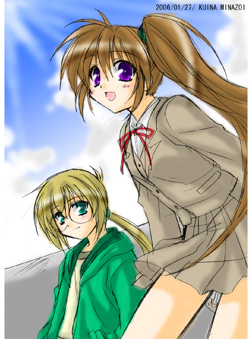minazoi kuina, takamachi nanoha, yuuno scrya, lyrical nanoha, mahou shoujo lyrical nanoha, mahou shoujo lyrical nanoha a's, plaid, 00s, 1boy, 1girl, 2006, :d, blazer, blush, brown hair, brown skirt, dated, glasses, green eyes, jacket, light rays, long hair, long sleeves, looking at viewer, open clothes, open jacket, open mouth, ponytail, purple eyes, rimless eyewear, school uniform, serafuku, side ponytail, skirt, smile, sunlight, very long hair