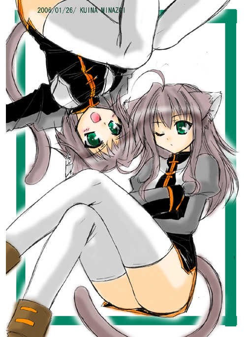 minazoi kuina, liesearia (nanoha), lieselotte (nanoha), lyrical nanoha, mahou shoujo lyrical nanoha, mahou shoujo lyrical nanoha a's, 00s, 2girls, animal ears, cat ears, cat tail, multiple girls, siblings, sisters, tail, thighhighs, twins