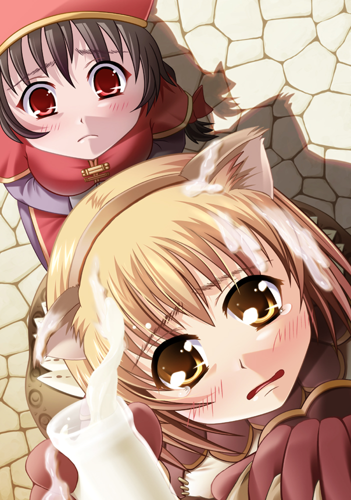 merchant, merchant (ragnarok online), munak, ragnarok online, artist request, 2girls, animal ears, blonde hair, blush, cat ears, headband, jiangshi, kemonomimi mode, milk, multiple girls, red eyes, sexually suggestive, short hair, spilled milk, tears, yellow eyes