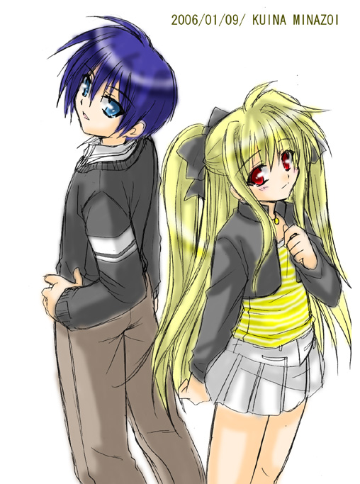 minazoi kuina, chrono harlaown, fate testarossa, lyrical nanoha, mahou shoujo lyrical nanoha, mahou shoujo lyrical nanoha a's, 00s, 1boy, 1girl, black jacket, blonde hair, blue hair, contemporary, cropped jacket, green eyes, jacket, long hair, long sleeves, looking at viewer, open clothes, open jacket, pants, pleated skirt, red eyes, short hair, simple background, skirt, sweater, twintails, very long hair, white background, white skirt