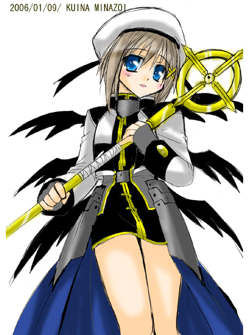 minazoi kuina, schwertkreuz, yagami hayate, lyrical nanoha, mahou shoujo lyrical nanoha, mahou shoujo lyrical nanoha a's, uniform, 00s, 1girl, :d, beret, blush, brown hair, female focus, fingerless gloves, gloves, hair between eyes, hair ornament, hat, holding, holding staff, looking at viewer, open mouth, simple background, smile, solo, staff, standing, white background, white hat, x hair ornament