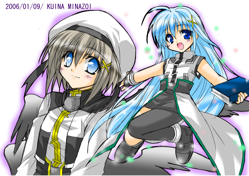 minazoi kuina, book of the azure sky, reinforce zwei, yagami hayate, lyrical nanoha, mahou shoujo lyrical nanoha, mahou shoujo lyrical nanoha a's, mahou shoujo lyrical nanoha strikers, black legwear, eyebrows, 00s, 2006, 2girls, :d, ahoge, armpits, asymmetrical clothes, asymmetrical legwear, bare shoulders, beret, blue hair, book, dated, full body, hair ornament, hairclip, hat, holding, holding book, kneeling, long hair, looking at viewer, magical girl, mini person, minigirl, multiple girls, open mouth, short hair, single thighhigh, smile, thighhighs, uneven legwear, unison (nanoha), upper body, waist cape, wings, x hair ornament