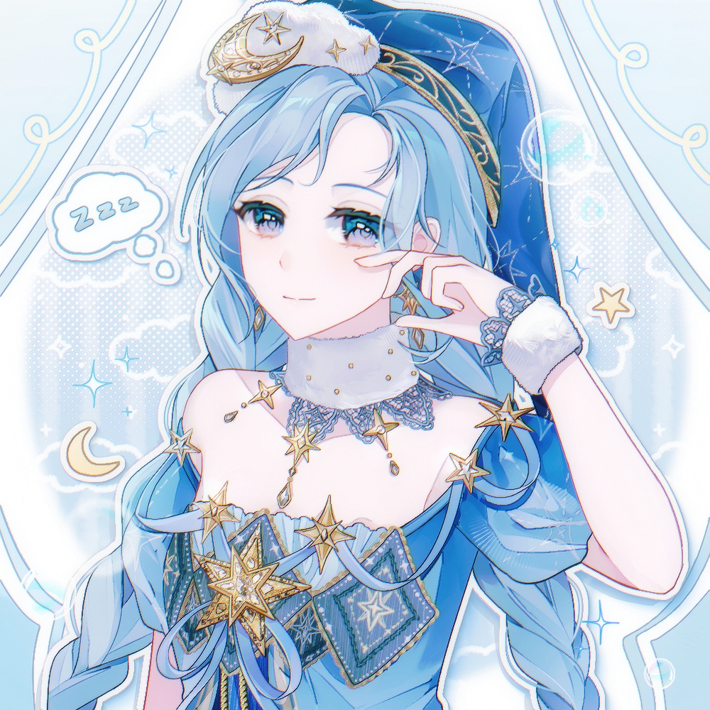 dianyinddc, celestial whispers (infinity nikki), infinity nikki, nikki (series), 1girl, bare shoulders, blue background, blue dress, blue eyes, blue hair, blue hat, blue ribbon, braid, brooch, bubble, choker, closed mouth, cloud hair ornament, crescent, crescent hair ornament, curtains, dress, earrings, eyelashes, fur choker, fur wrist cuffs, hair ornament, halftone, halftone background, happy, hat, jewelry, lace-trimmed choker, lace-trimmed wrist cuffs, lace trim, light frown, long hair, looking ahead, low twin braids, nightcap, nightgown, off-shoulder dress, off shoulder, outline, parted bangs, puffy short sleeves, puffy sleeves, ribbon, rubbing eyes, short sleeves, smile, solo, sparkle, speech bubble, spoken zzz, star (symbol), star brooch, star earrings, star hair ornament, thought bubble, twin braids, upper body, very long hair, white choker, white outline, white wrist cuffs, wrist cuffs, zzz