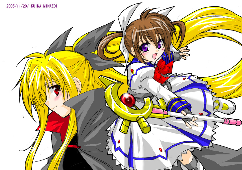 minazoi kuina, fate testarossa, raising heart, takamachi nanoha, lyrical nanoha, mahou shoujo lyrical nanoha, mahou shoujo lyrical nanoha a's, uniform, 00s, 2005, 2girls, blonde hair, blush, bow, brown hair, cape, dated, fingerless gloves, gloves, hair ribbon, long hair, looking at viewer, magazine (weapon), magical girl, multiple girls, profile, purple eyes, red bow, red eyes, red hair, ribbon, simple background, smile, standing, standing on one leg, twintails, very long hair