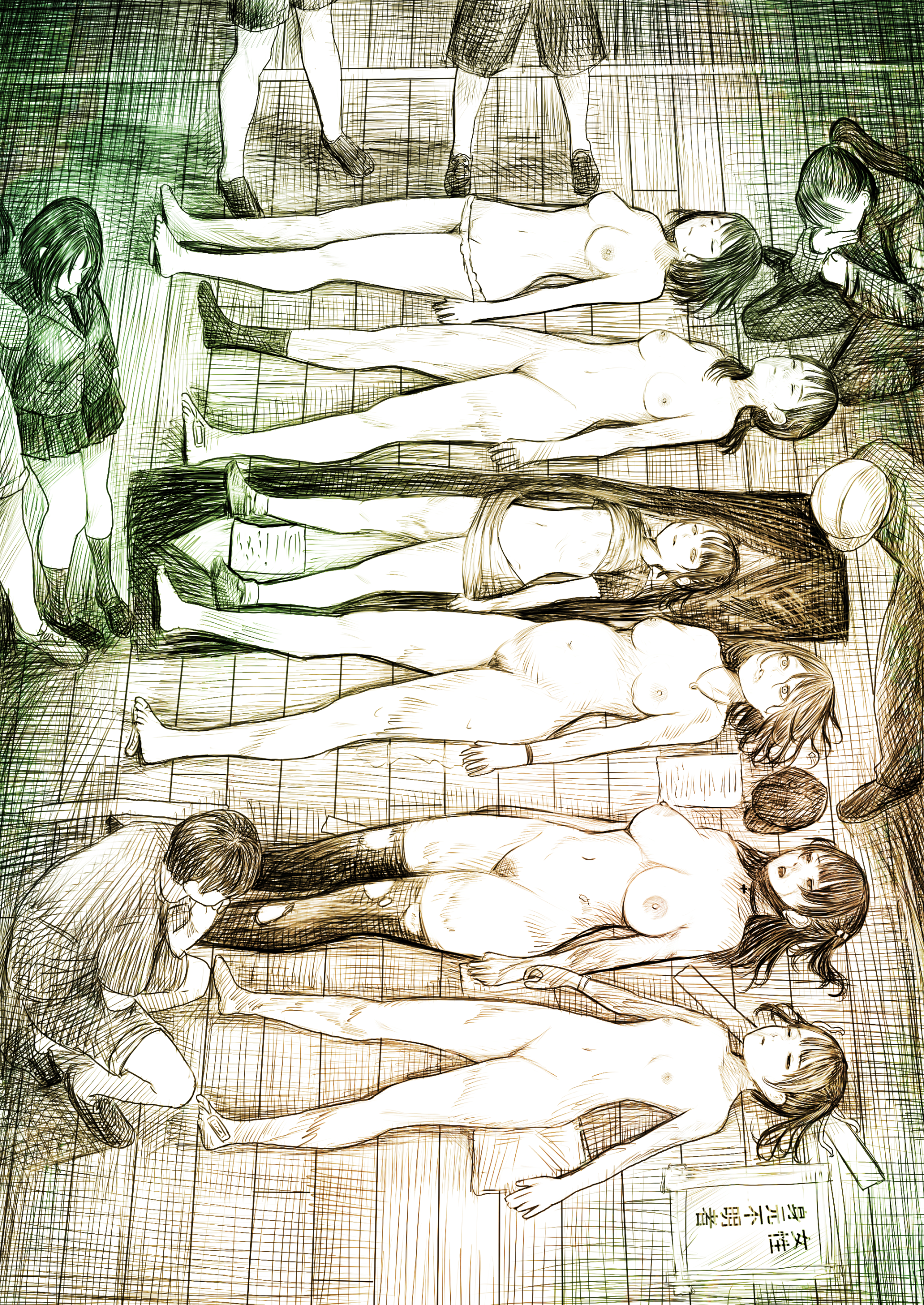 disorder!, original, absurdres, commentary request, highres, 2boys, 6+girls, breasts, choker, corpse, female pubic hair, jacket, large breasts, long hair, lying, monochrome, morgue, multiple boys, multiple girls, nude, on back, panties, pleated skirt, ponytail, pubic hair, school uniform, short hair, single sock, skirt, small breasts, socks, thighhighs, torn clothes, torn thighhighs, underwear