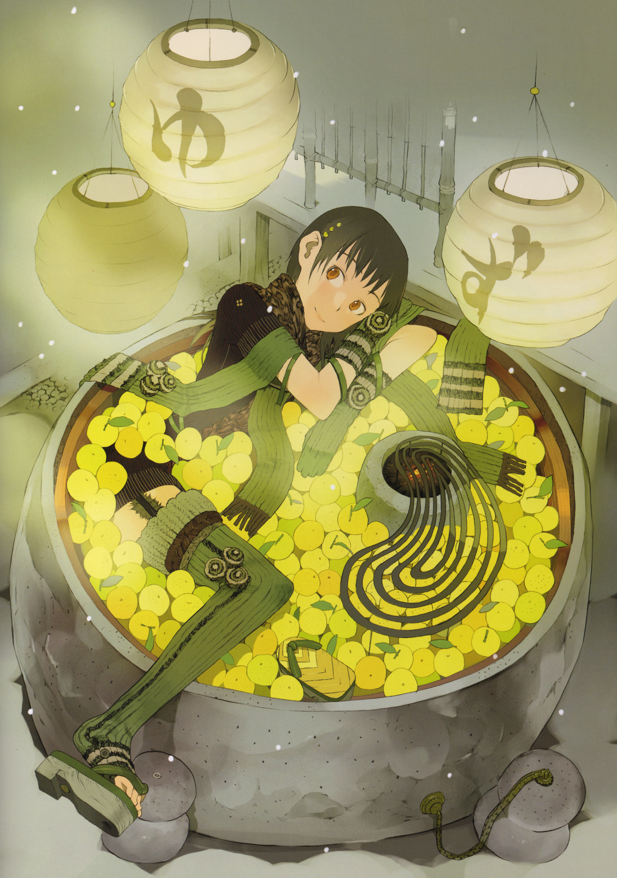 okama, absurdres, copyright request, highres, 1girl, clog sandals, female focus, food, fruit, gloves, green gloves, green scarf, green thighhighs, lantern, okobo, orange eyes, paper lantern, platform sandals, sandals, scarf, solo, thighhighs, toeless legwear, toes, yuzu