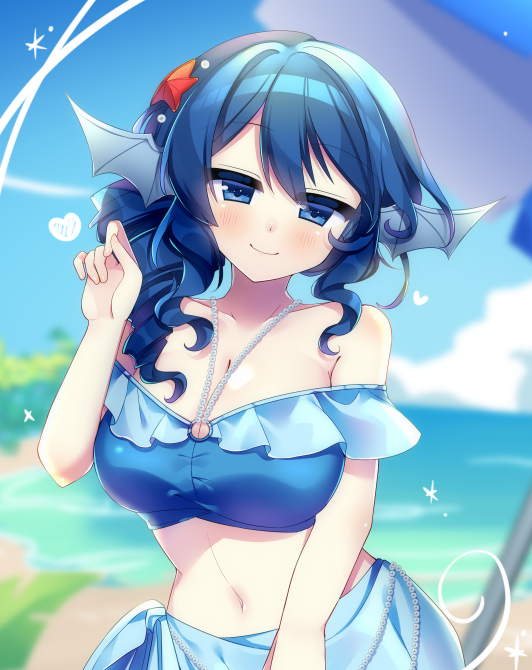 kujou mikuru, wakasagihime, touhou, touhou lostword, 1girl, bikini, blue bikini, blue eyes, blue hair, blurry, blurry background, blush, breasts, cleavage, closed mouth, drill hair, drill sidelocks, frilled bikini, frills, hair ornament, heart, large breasts, looking at viewer, medium hair, navel, outdoors, sidelocks, smile, solo, star (symbol), star hair ornament, swimsuit, upper body