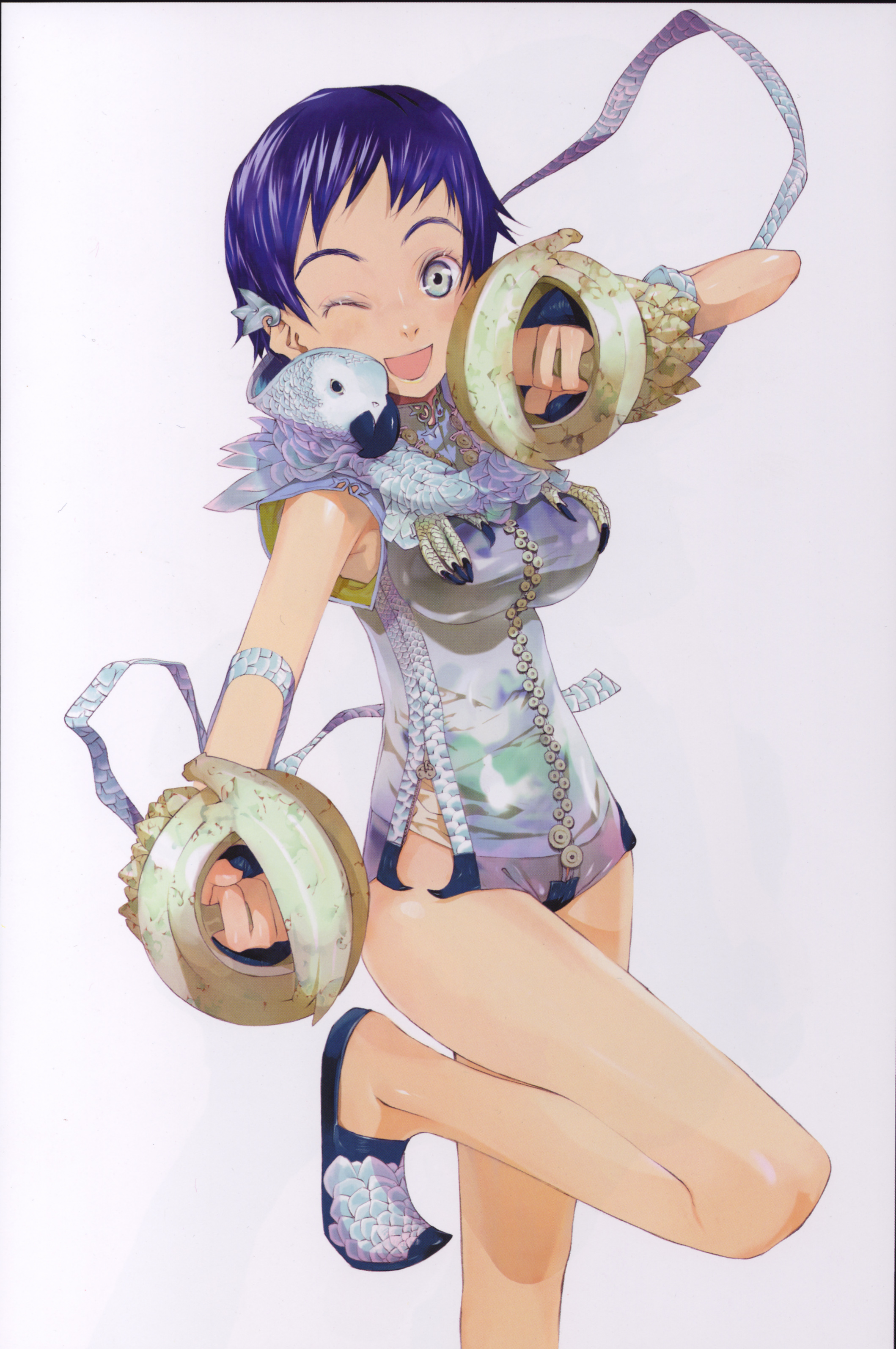 okama, absurdres, highres, blue hair, dancing, flower, no panties, short hair, solo, white eyes