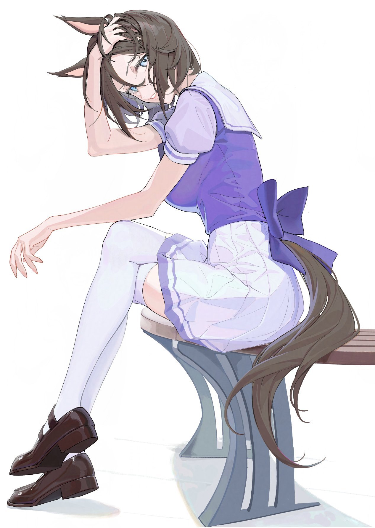 tokmei pegasas, air groove (umamusume), umamusume, commentary, highres, 1girl, adjusting hair, animal ears, back bow, blue eyes, bow, brown hair, brown shoes, crossed legs, full body, hair between eyes, horse ears, horse girl, horse tail, large bow, loafers, looking at viewer, on bench, pleated skirt, purple bow, purple shirt, sailor collar, sailor shirt, school uniform, shirt, shoes, short hair, simple background, sitting, skirt, tail, thighhighs, tracen school uniform, white background, white skirt, white thighhighs