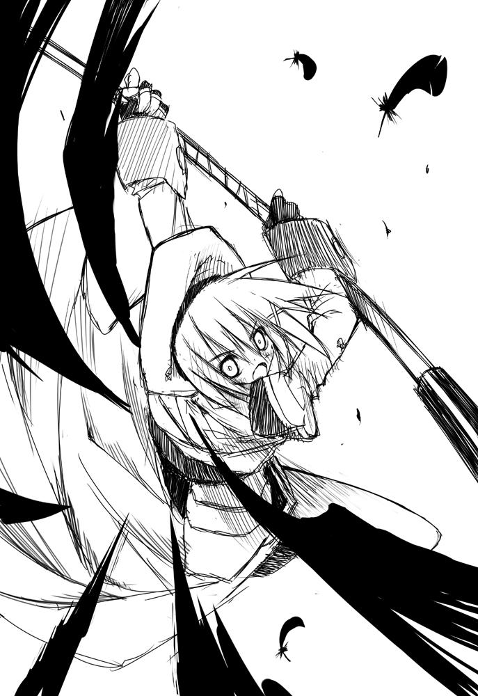 tsurusaki takahiro, yagami hayate, lyrical nanoha, mahou shoujo lyrical nanoha, mahou shoujo lyrical nanoha a's, 00s, 1girl, :o, dress, female focus, greyscale, hair ornament, huge weapon, looking at viewer, monochrome, open mouth, polearm, short hair, simple background, slashing, solo, weapon, white background, x hair ornament