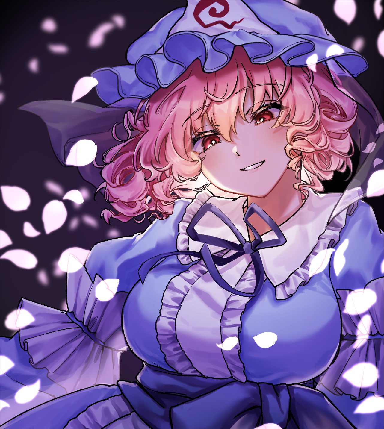 saigyouji yuyuko, touhou, hashtag-only commentary, highres, 1girl, black background, blue hat, blue kimono, blush, breasts, bright pupils, cherry blossoms, frilled kimono, frills, hat, japanese clothes, kimono, large breasts, mob cap, pink hair, red eyes, short hair, smile, solo, triangular headpiece, upper body, white pupils, yoryuyaho