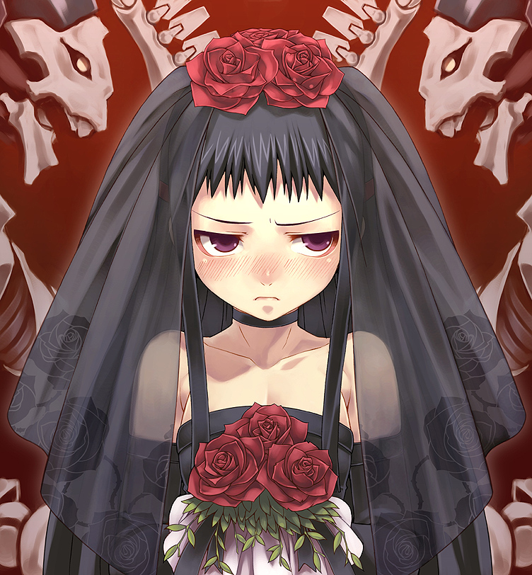 tasaka shinnosuke, jakuri (ar tonelico), ar tonelico, ar tonelico ii, gust, 00s, 1girl, blush, bouquet, bridal veil, bride, dark bride, dress, female focus, flower, goth fashion, purple eyes, rose, solo, veil, wedding dress