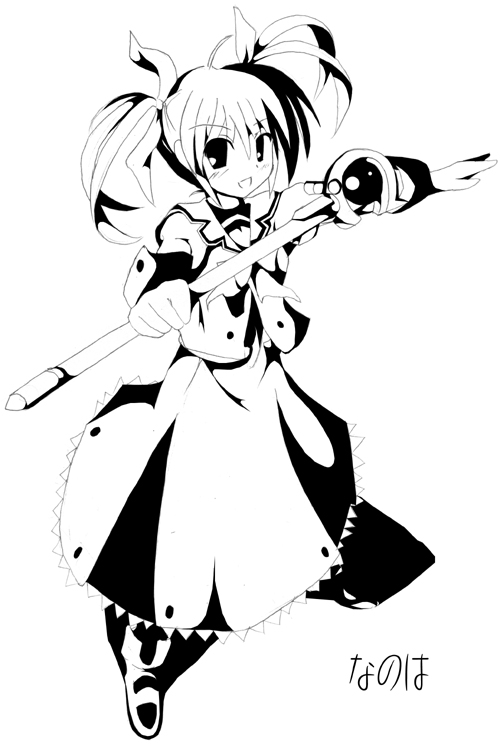 raising heart, raising heart (device mode), takamachi nanoha, takamachi nanoha (original mode), lyrical nanoha, mahou shoujo lyrical nanoha, uniform, 00s, 1girl, dress, female focus, gem, greyscale, holding, holding weapon, long sleeves, looking at viewer, magical girl, monochrome, orb, polearm, rod, simple background, solo, staff, twintails, weapon, white background