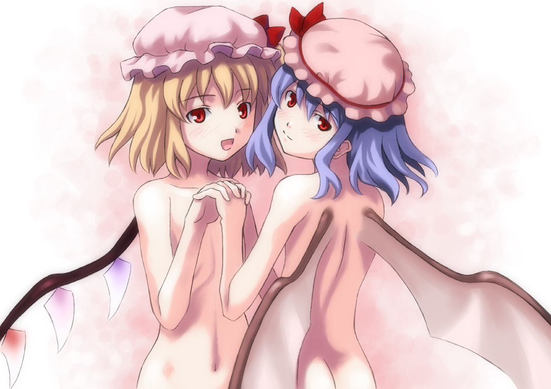 kagura mizuki, flandre scarlet, remilia scarlet, touhou, 2girls, completely nude, female focus, loli, multiple girls, nude, siblings, sisters, wings