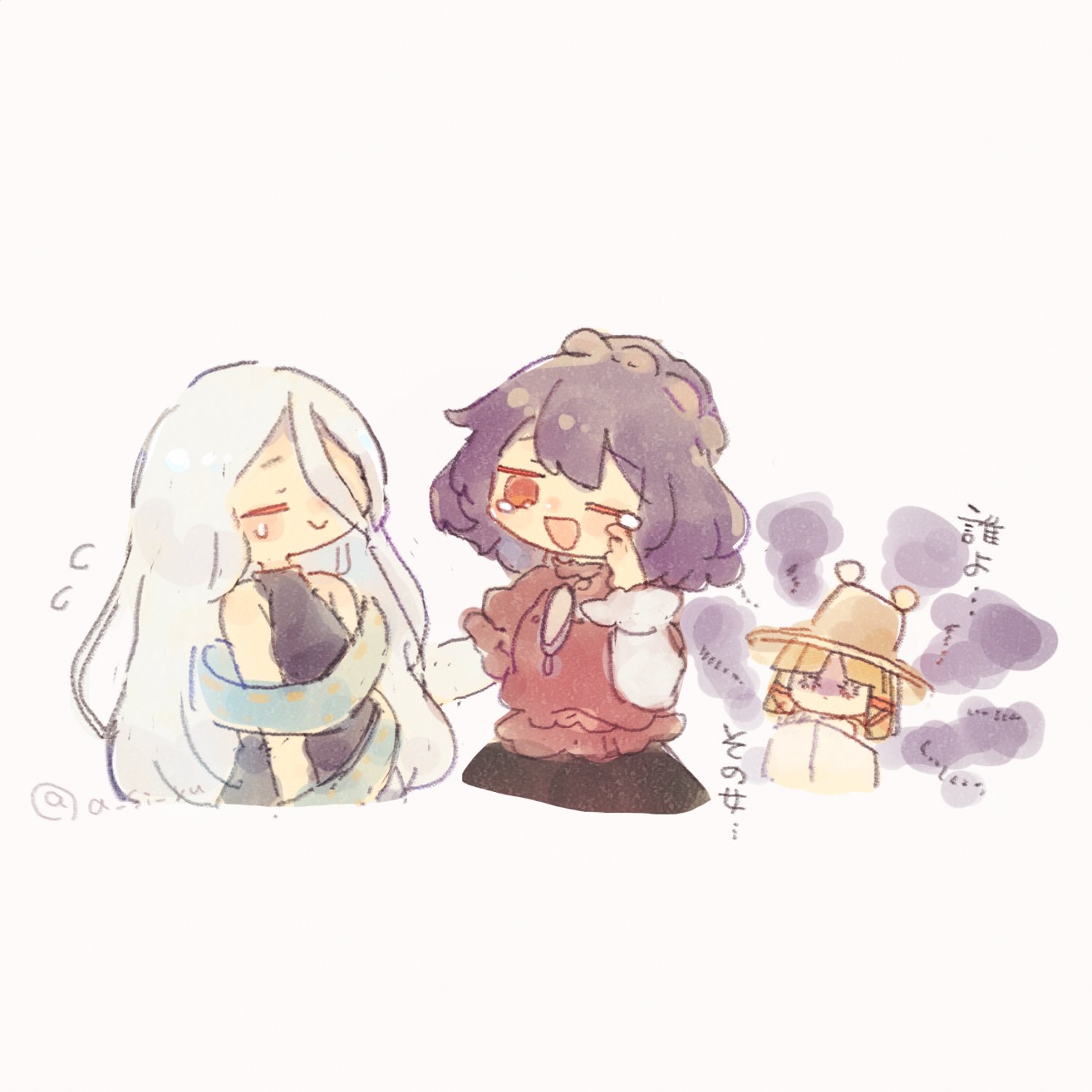 ashiyu (ashu-ashu), moriya suwako, yasaka kanako, yuiman asama, touhou, highres, translation request, 3girls, ;d, blonde hair, closed eyes, long hair, multiple girls, one eye closed, open mouth, purple hair, red eyes, short hair, simple background, smile, tearing up, white background, white hair