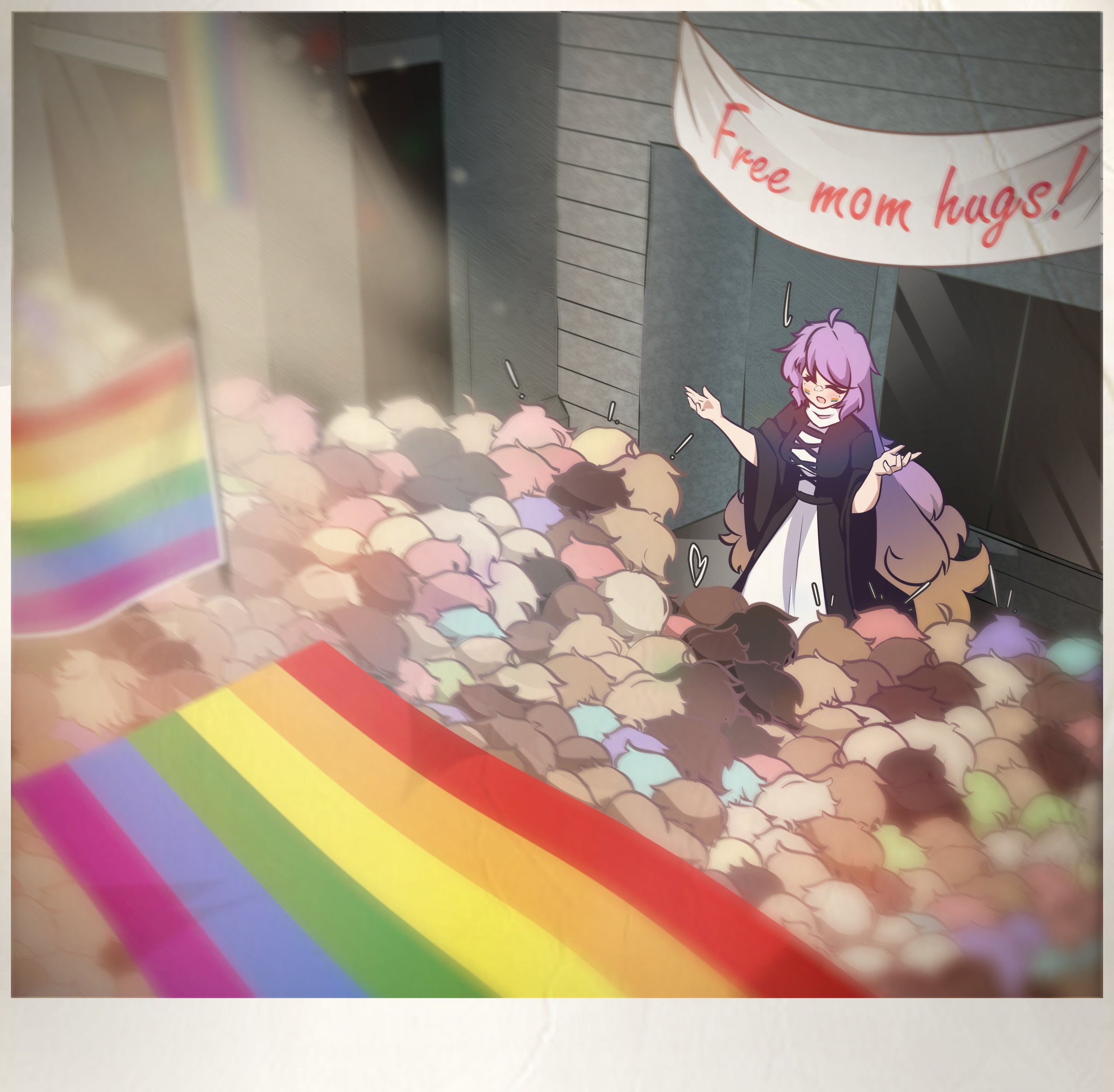 rownou, hijiri byakuren, touhou, absurdres, commentary, english commentary, highres, 1girl, 6+others, ahoge, black dress, brown hair, cross-laced clothes, crowd, dress, english text, free hugs, gradient hair, long hair, multicolored hair, multiple others, outdoors, pride parade, purple hair, rainbow flag, very long hair