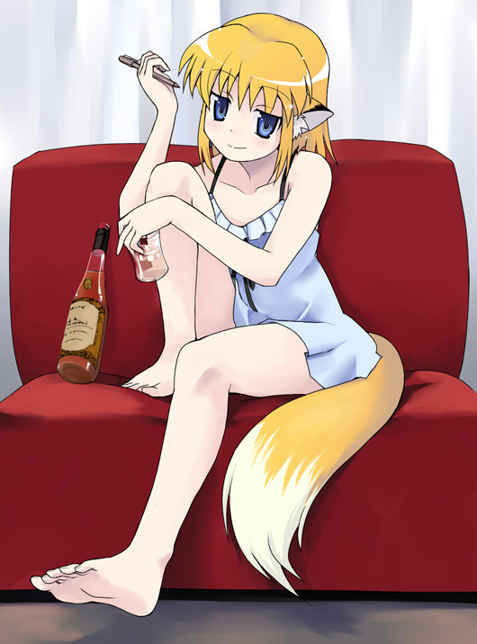 apricot, yamai (lsd), apricot (yamai), original, 1girl, alcohol, animal ears, barefoot, blonde hair, blue eyes, blush, chemise, feet, female focus, fox ears, fox tail, full body, happy, indoors, looking at viewer, solo, tail, whiskey