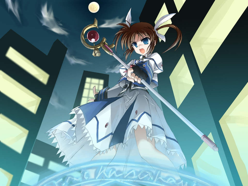 raising heart, raising heart (accel mode), takamachi nanoha, takamachi nanoha (sacred mode), lyrical nanoha, mahou shoujo lyrical nanoha, mahou shoujo lyrical nanoha a's, 00s, 1girl, black gloves, blue eyes, bow, brown hair, cityscape, cloud, female focus, fighting stance, fingerless gloves, from below, full body, full moon, gloves, holding, holding weapon, magazine (weapon), magic circle, magical girl, moon, open mouth, orb, polearm, purple eyes, red bow, red hair, rod, solo, staff, standing, twintails, weapon