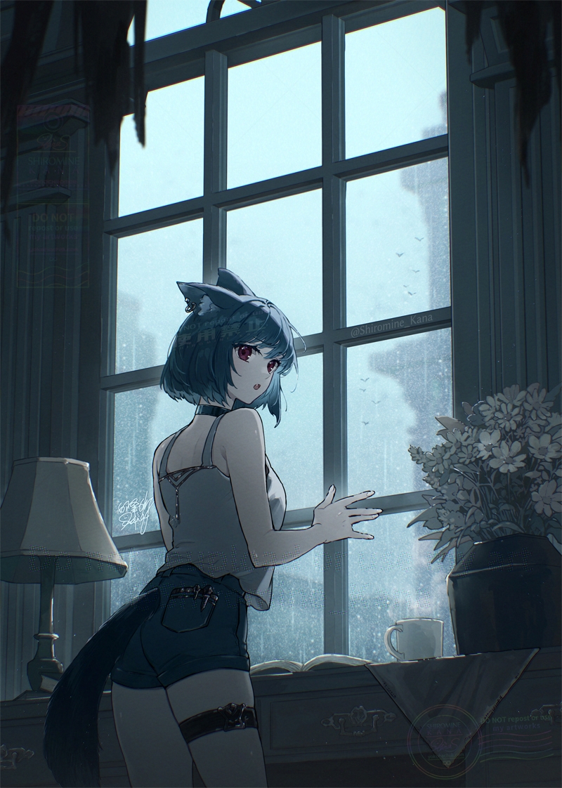 shiromine kana, original, commentary request, 1girl, animal ear fluff, animal ear piercing, animal ears, bird, black shorts, blue hair, book, cat ears, cat girl, cat tail, cowboy shot, cup, desk, flower, indoors, lamp, looking at viewer, looking back, mug, open book, open mouth, rain, red eyes, shirt, shorts, signature, solo, spaghetti strap, tail, thigh strap, vase, watermark, white flower, white shirt, window