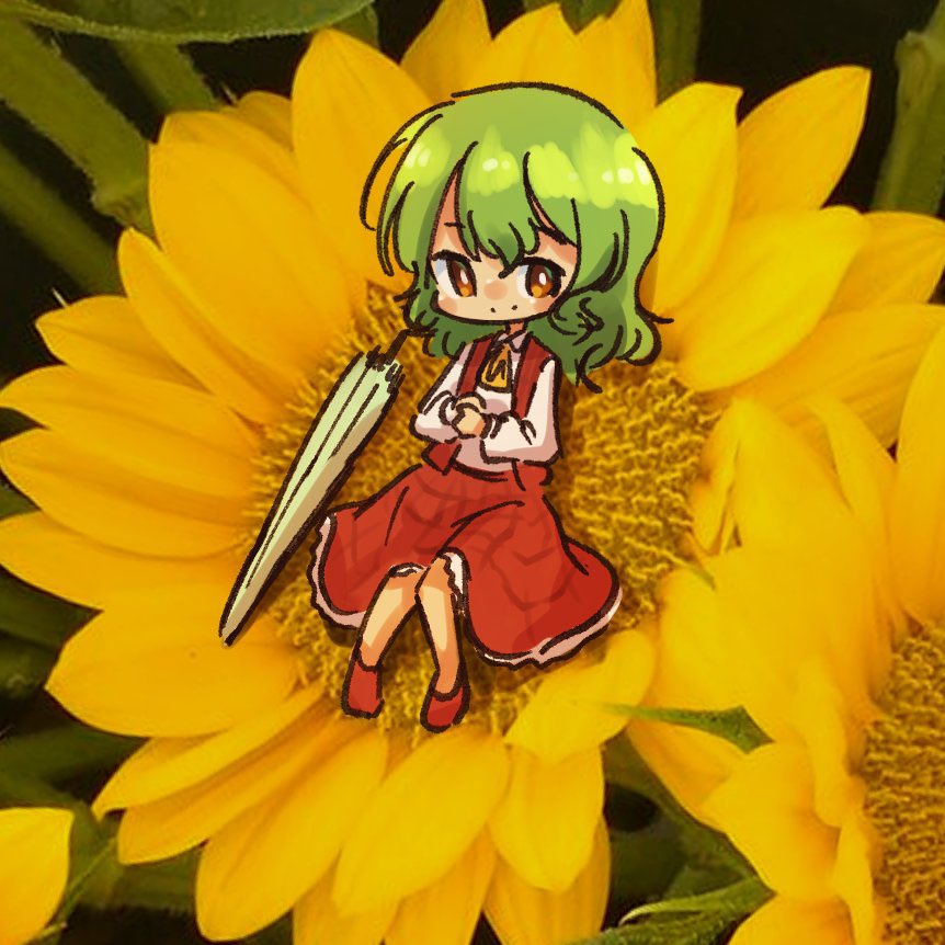 suteruko, kazami yuuka, touhou, commentary, 1girl, ascot, brown eyes, full body, green hair, long sleeves, looking at viewer, mini person, minigirl, photo background, plaid clothes, plaid skirt, red skirt, red vest, shirt, short hair, skirt, solo, umbrella, vest, white shirt, yellow ascot