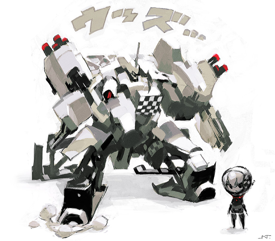 jnt, astronaut, chibi, distortion, mecha, monochrome, robot, white theme