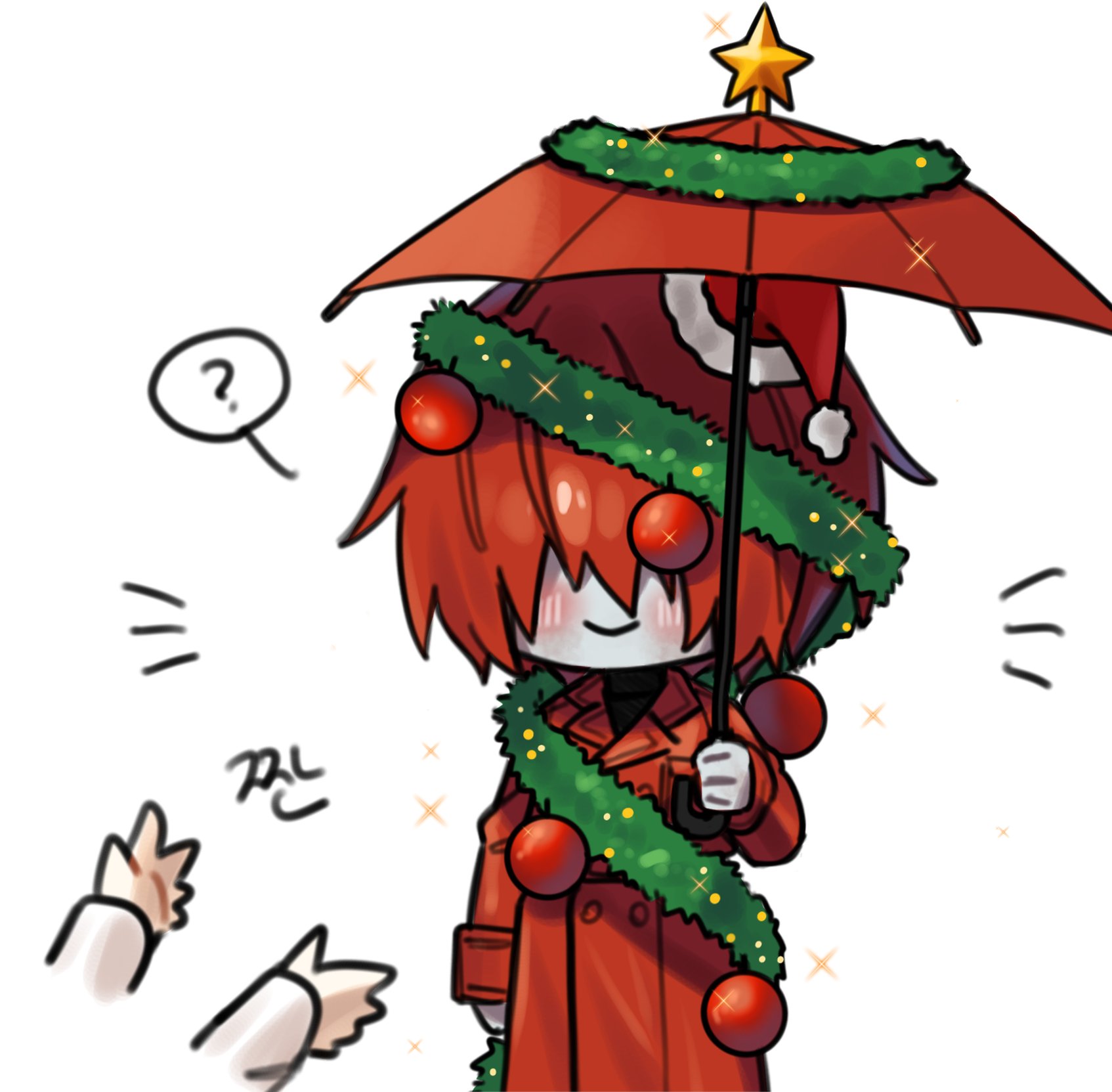 myam (123ab456c), adashino adami, mr. scarletella, homicipher, commentary request, highres, korean commentary, 1boy, 1girl, blush, chibi, christmas, christmas star, christmas tree ornament, coat, hair over eyes, hat, holding, holding umbrella, male focus, mini hat, mini santa hat, out of frame, red coat, red hair, red umbrella, santa hat, short hair, sideways hat, simple background, sparkle, sparkling aura, umbrella, white background