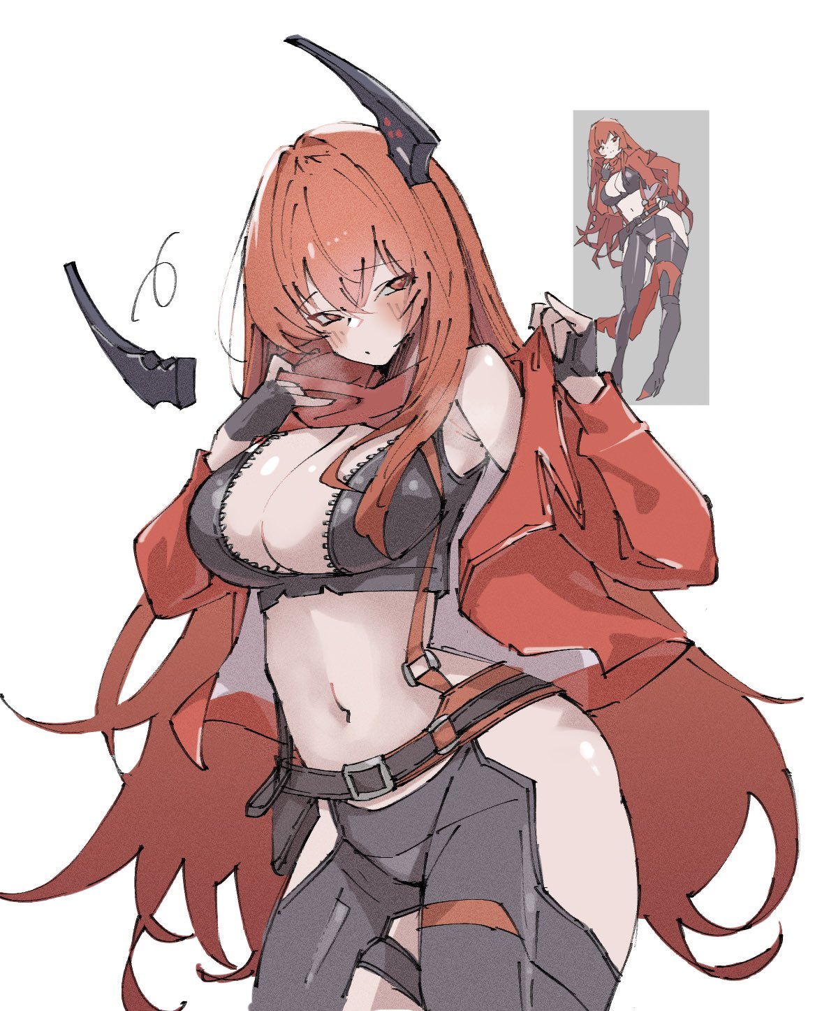 hii (motorholic), rapi (nikke), rapi (red hood) (nikke), red hood (nikke), goddess of victory: nikke, highres, 1girl, black horns, blush, breasts, cosplay, eyebrows hidden by hair, fake horns, hair between eyes, horns, jacket, large breasts, long hair, looking at viewer, mechanical horns, navel, open clothes, open jacket, red eyes, red hair, red hood (nikke) (cosplay), red jacket, red scarf, red suspenders, revealing clothes, scarf, simple background, solo, stomach, suspenders, white background