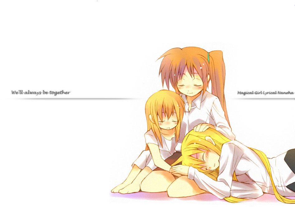 fate testarossa, takamachi nanoha, vivio, lyrical nanoha, mahou shoujo lyrical nanoha, mahou shoujo lyrical nanoha strikers, hard-translated, third-party edit, 00s, 3girls, blonde hair, blush, closed eyes, collared shirt, copyright name, full body, hair ornament, hairclip, kneeling, lap, lap pillow, long hair, long sleeves, multiple girls, on lap, shirt, short hair, side ponytail, simple background, sitting, sleeping, sleeping upright, upper body, very long hair, white background, white shirt