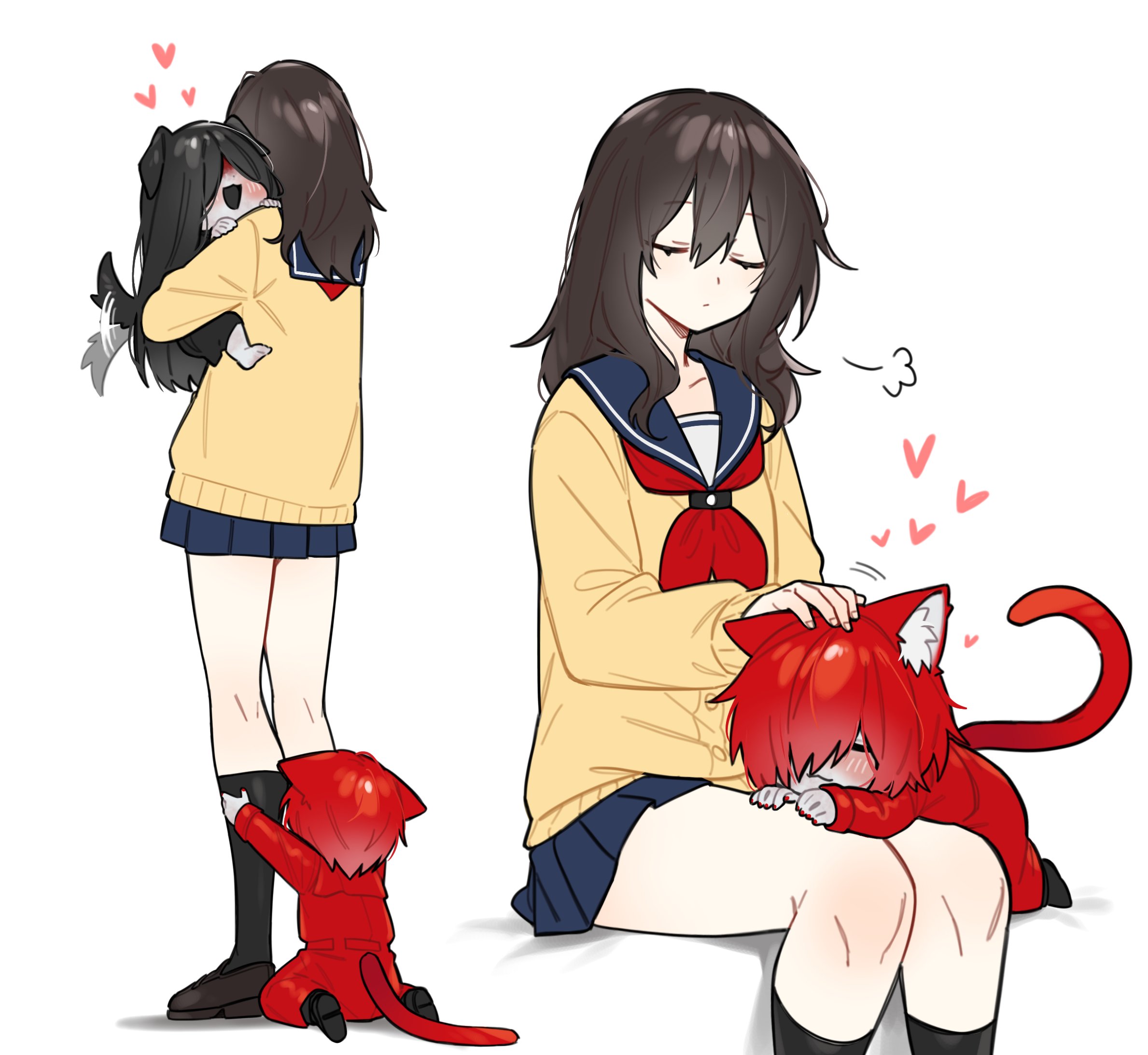 myam (123ab456c), adashino adami, mr. crawling, mr. scarletella, homicipher, commentary request, highres, korean commentary, 1girl, 2boys, animal ears, black hair, black thighhighs, blush, carrying, carrying person, cat boy, cat ears, cat tail, chibi, coat, headpat, kemonomimi mode, long hair, multiple boys, multiple views, puff of air, red coat, red hair, school uniform, serafuku, short hair, simple background, skirt, sweater, tail, thighhighs, white background, yellow sweater