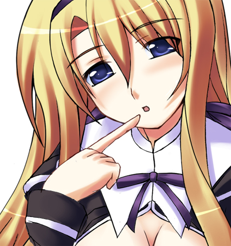 carim gracia, lyrical nanoha, mahou shoujo lyrical nanoha, mahou shoujo lyrical nanoha strikers, lowres, 00s, 1girl, :o, blonde hair, blue eyes, breasts, cleavage, close-up, female focus, finger to mouth, hairband, looking at viewer, parted lips, purple ribbon, ribbon, simple background, solo, white background