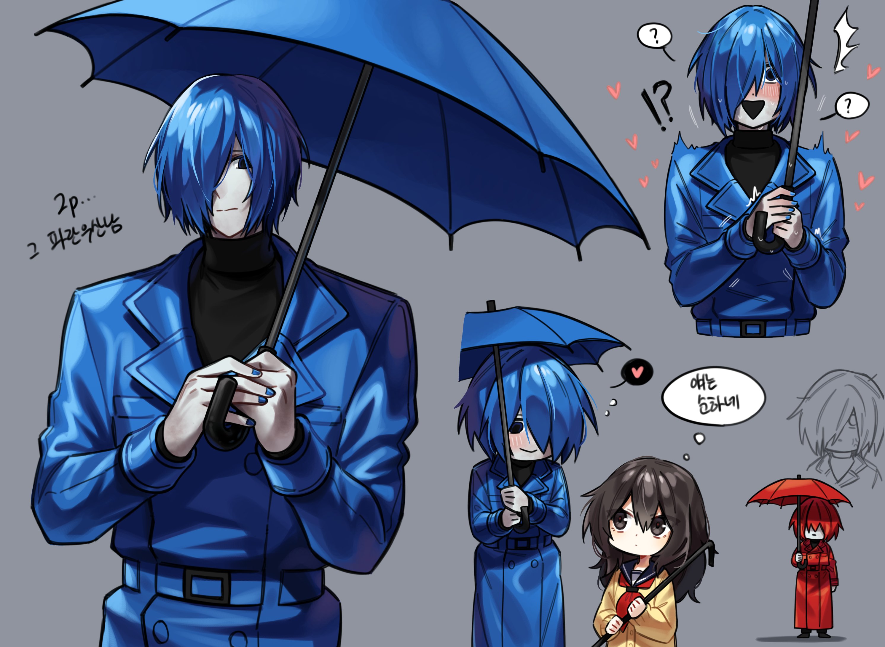 myam (123ab456c), adashino adami, mr. scarletella, homicipher, commentary request, highres, translation request, 1girl, 2boys, alternate color, black hair, blue coat, blue eyes, blue hair, blue nails, blue umbrella, blush, coat, crowbar, dilated pupils, grey background, hair over one eye, hetero, holding, holding crowbar, holding umbrella, multiple boys, player 2, short hair, simple background, umbrella