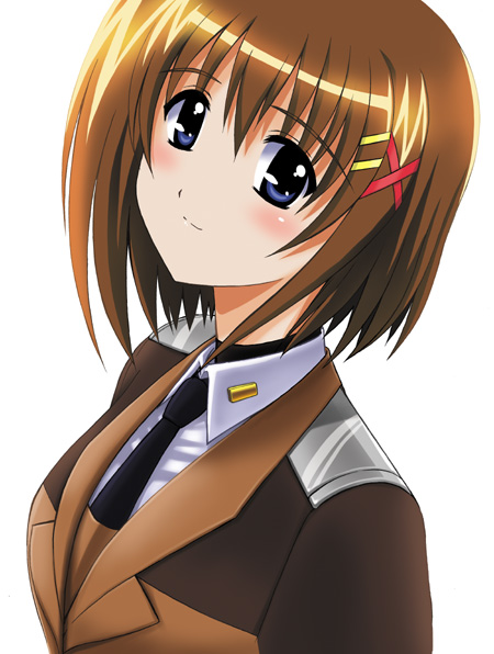 kamogawa tanuki, yagami hayate, lyrical nanoha, mahou shoujo lyrical nanoha, mahou shoujo lyrical nanoha strikers, 00s, 1girl, blue eyes, brown hair, female focus, hair ornament, military, military uniform, necktie, short hair, smile, solo, x hair ornament