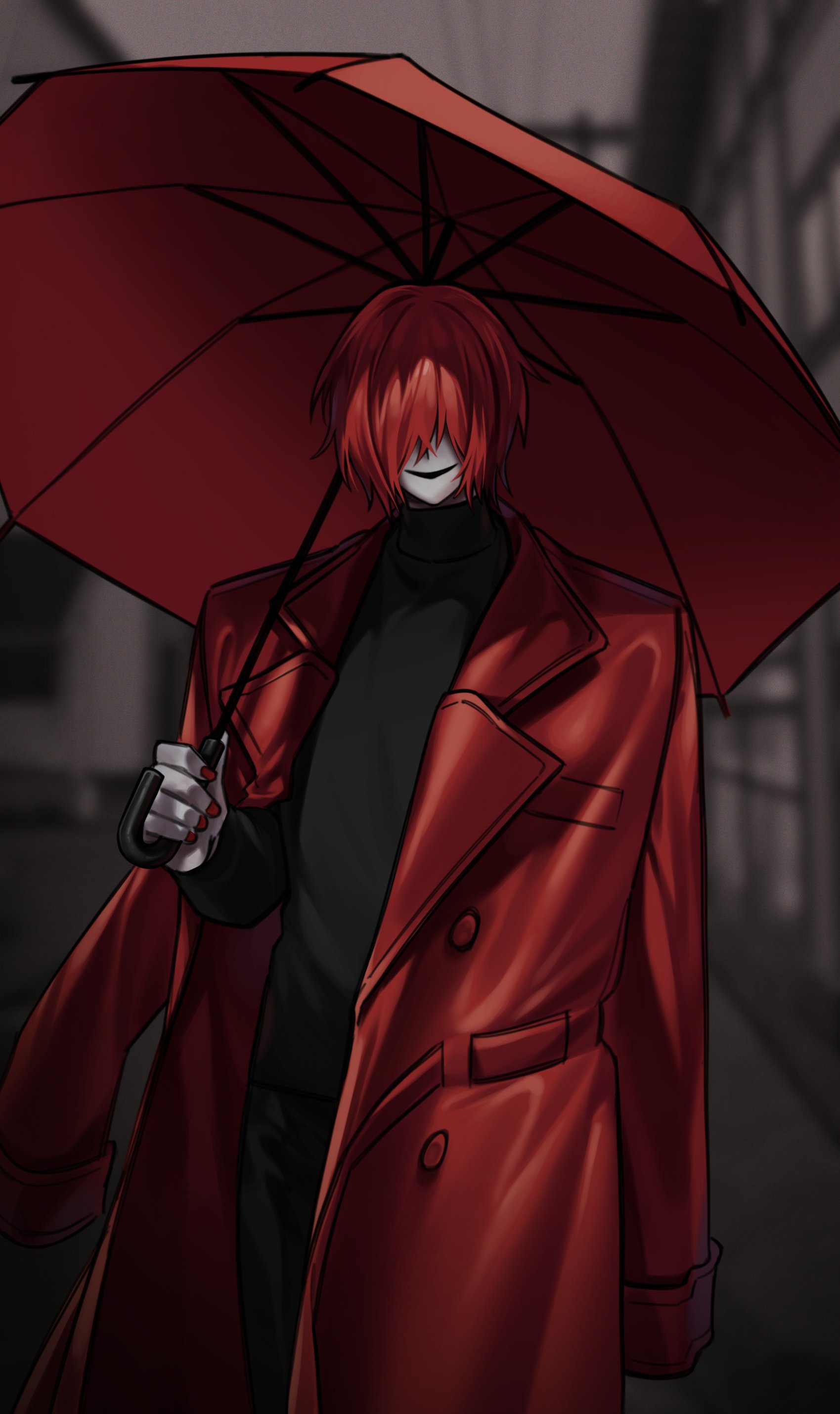 myam (123ab456c), mr. scarletella, homicipher, absurdres, highres, 1boy, coat, cowboy shot, hair over eyes, hand up, holding, holding umbrella, male focus, outdoors, red coat, red hair, red umbrella, short hair, solo, standing, sweater, turtleneck, turtleneck sweater, umbrella
